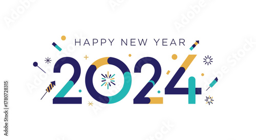 Happy New Year 2024 message stylishly designed with firework elements