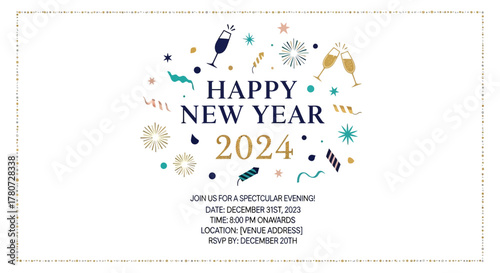 Happy New Year 2024 invitation with stylized text confetti and glasses on a white background