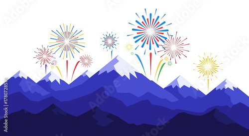 Mountains and colorful fireworks against a white backdrop