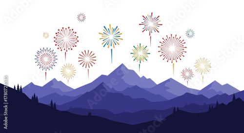 Mountains at dusk with stylized colorful fireworks bursting above the peaks