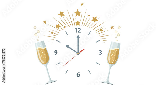 New Years illustration Champagne glasses flank a clock striking midnight adorned with golden starbursts and bubbles