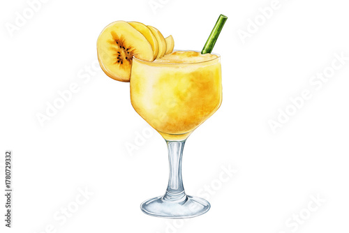 Watercolor Banana Daiquiri Cocktail Isolated on Transparent Background. Watercolor Frozen Banana Cocktail PNG.