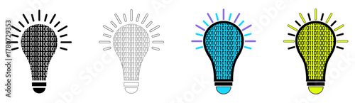 Idea bulb icon set- outline, silhouette and coloured. light bulb icons filled with Binary (0, 1) digit for AI, digital cyber symbols. Vector illustration for Solution, Creativity, invention (Isolated)