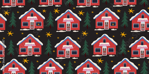 Winter seamless pattern with Christmas tree, stars and Scandinavian festive house in retro flat style. Bright cozy background for Christmas theme, fabric, print, textile, wrapping paper, wallpaper