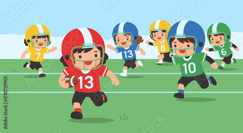 Enthusiastic Children Playing American Football in a Vibrant Cartoon Style.