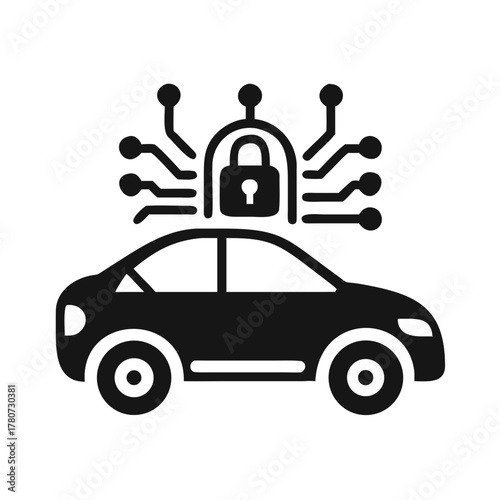Black and white illustration of an autonomous car with encryption and security locks