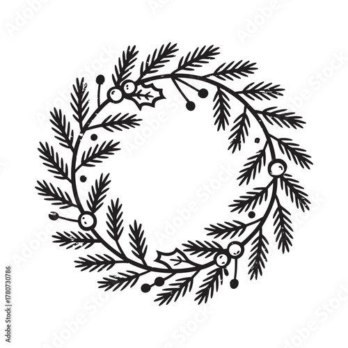 Hand drawn black and white christmas wreath with pine needles and berries