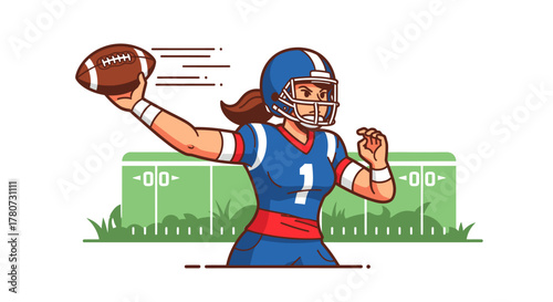 Female Football Player Throwing a Football with Determination.