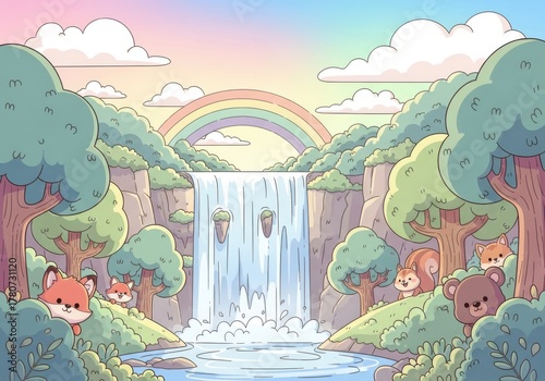 Whimsical woodland waterfall with a vibrant rainbow and cute cartoon animals playing peek-a-boo in nature