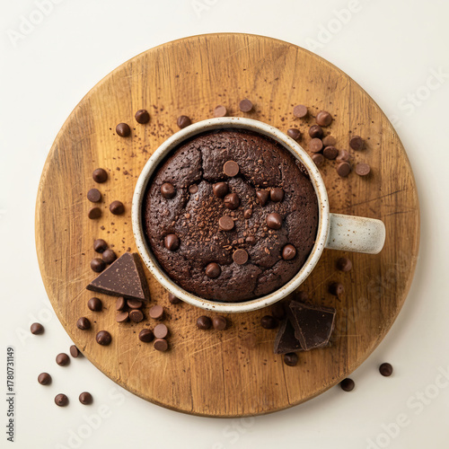 Top-down view of a baked chocolate mug cake dotted with chips in a ceramic cup on a wooden board, surrounded by scattered chocolate pieces.