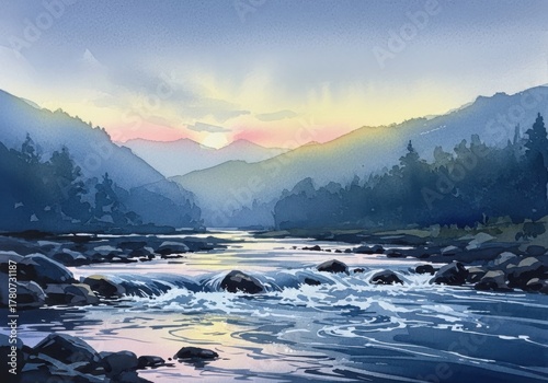Serene mountain valley river at sunrise with misty hues and evergreen forests