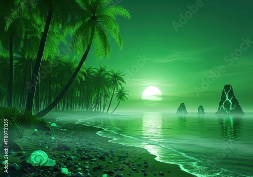 Enchanting emerald isle at dusk with palm trees and mystical glowing shells