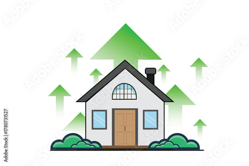 Real Estate Growth Concept, House with Green Up Arrows Representing Increasing Property Value and Market Growth