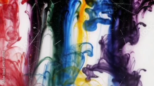 Mesmerizing abstract video of vibrant chromatic inks and paints on glossy white, soft bokeh, vintage film effects. Artistic evolution of pure abstract art