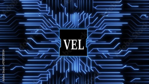 The vel logo is displayed against a backdrop of interconnected blue lines, resembling a digital circuit board, symbolizing technology, innovation, and the future of virtual environments