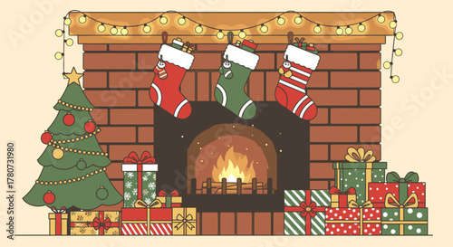 Festive Christmas Fireplace Scene with Stockings and Gifts.