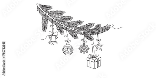 Minimal line art of a pine branch adorned with hanging Christmas ornaments—bell, bauble, snowflake, star, and gift box. A festive and minimalist illustration perfect for holiday greeting cards