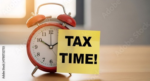 Alarm clock with sticky note reading TAX TIME, tax deadline reminder and filing season concept.