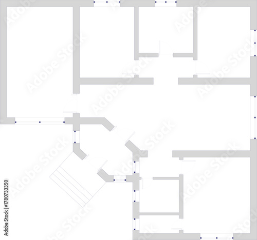 Minimalist vector floor plan outline of an empty residential house layout with stairs and thick gray walls. Architectural template.