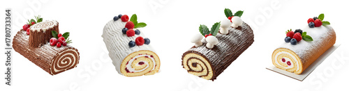 Four decorative log cakes with berries mint and powdered sugar isolate