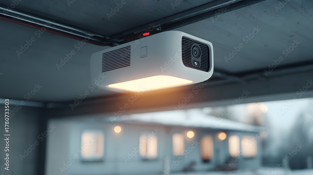 Obraz premium Clean, sharp close-up of a modern automatic garage door opener mounted on the ceiling of a well-lit and perfectly organized modern garage space.