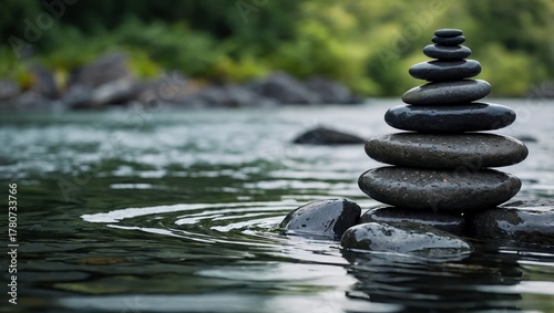 A vertical stack of smooth, polished, rounded pebbles in a balanced pyramid standing in a still water pond. Meditation zen balance illustration concept. Stability relaxation stones arrangement.	