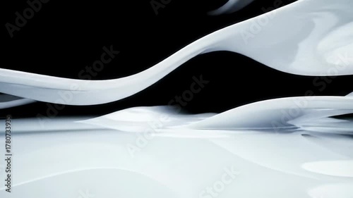 Pristine white undulating surface, ethereal ribbons morphing against black negative space. Soft light, slow dolly video. Modern minimalist abstract background concept