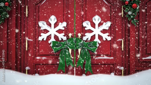 Majestic crimson double doors with snowflakes & emerald bows, glistening snow, slowly reveal a green screen. Drifting snow, cinematic light. Festive holiday intro concept