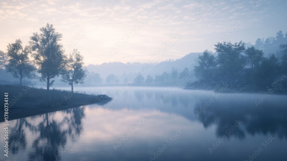 Fototapeta premium Misty lake sunrise with trees reflected in calm water.