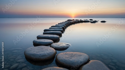 A serene landscape scene with pathway of smooth, round stepping stones leading to a reflective water surface, mirroring the soft pastel pink and blue hues of the sky.	