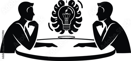 People in a business meeting sharing a collaborative idea represented by a glowing lightbulb inside a collective brain icon