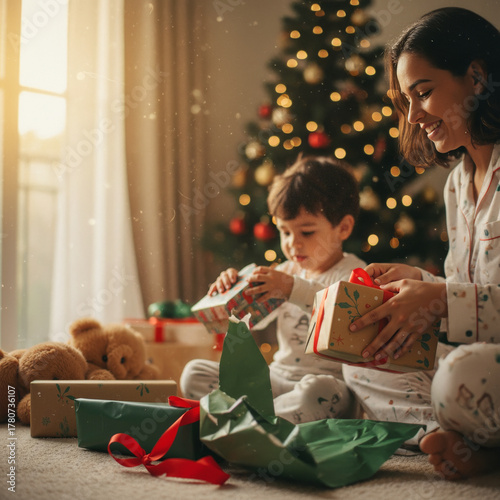Mother and son opening presents on Christmas morning - Mãe e filho abrindo os presentes na manhã de natal
