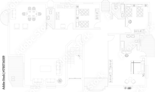 Large vector floor plan of a house with open living areas, bedrooms, kitchen, and stairs. Detailed architectural layout with furniture.