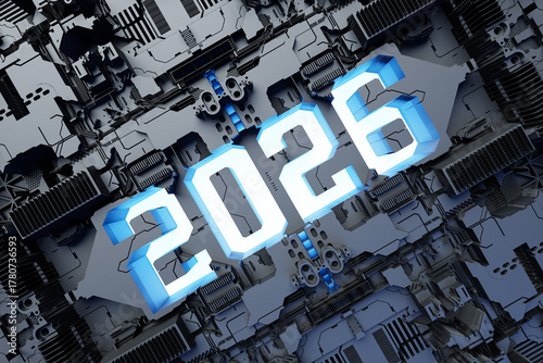 3D abstract geometric tech pattern with a futuristic theme, featuring a tech-themed postcard with the year 2026. Grunge textured wallpaper with a repeating geometric background suitable for boys