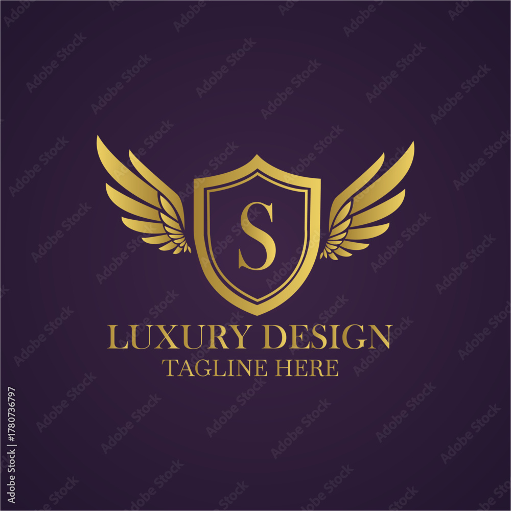 Obraz premium Elegant golden logo design with letter s, wings and shield on a dark purple background for branding