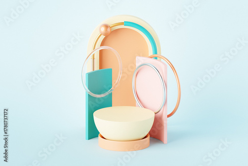 3D illustration of a minimalist podium placed in front of an abstract geometric background. Modern 3D rendering with clean lines and simple shapes.