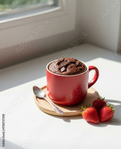 Single chocolate mug cake with chocolate chunks in a red cup on a small wooden tray, sunlit by a window with fresh strawberries and a spoon.