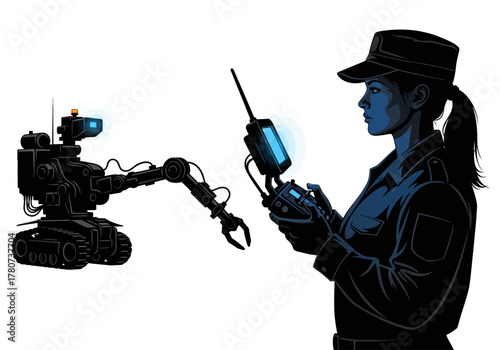 Woman controlling robotic device with remote control in a futuristic setting, side view illustration