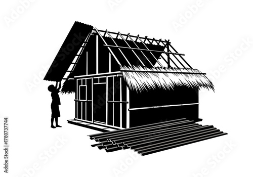 Person constructing thatched roof hut with wooden planks and roofing material in rural setting illustration
