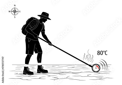 Hiker exploring terrain using thermometer on long handle device in outdoor environment, viewed from side profile