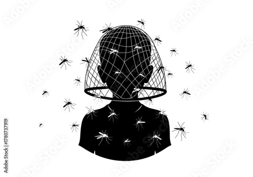 Person Protected by Net from Mosquitoes, Outdoor Environment, Vector Illustration