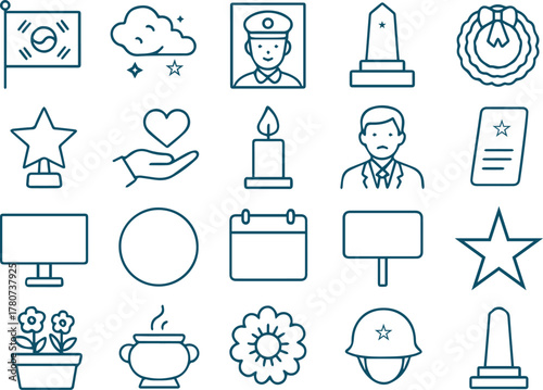 Line art illustration of various memorial dayrelated icons isolated on white background