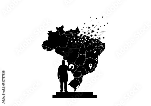 Man standing on a platform viewing a map of South America with location pins and abstract dots