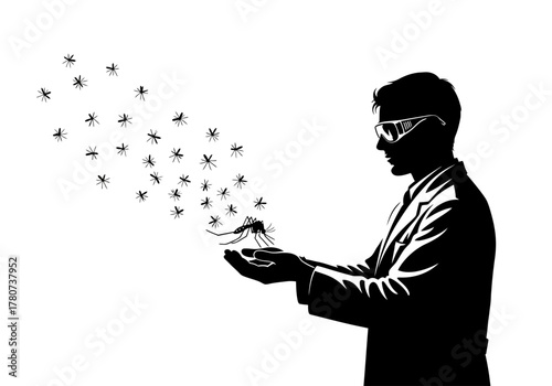 Scientist releasing insects from a container into the air, viewed from the side in a simple illustration
