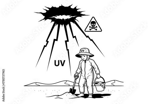 Scientist in protective gear stands outside, observing hazardous UV radiation from a burst in the sky.
