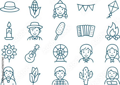 Illustration of traditional brazilian june party elements isolated on white background, featuring food, music, and cultural symbols in a line art style