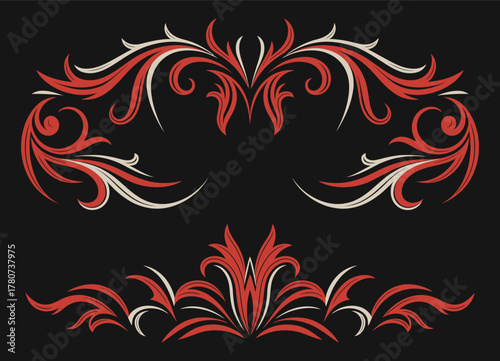 Floral art illustration with vintage pinstripes and retro ornaments, motorcycle and car design for vinyl sticker, tattoo, apparel, and merchandise vector