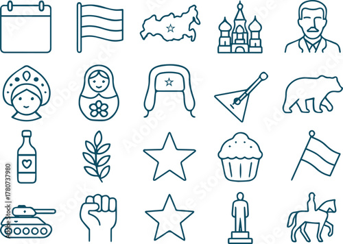 Russia day icons isolated on white background, showcasing cultural symbols, landmarks, and national identity for patriotic designs and educational resources