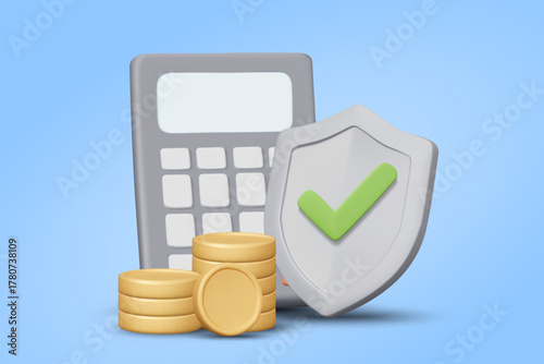 3D illustration vector render of calculator icon with gold coin shield, check mark, security concept, finance management, calculation, accounting system for auditing, bank, planning.