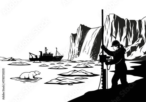Arctic Exploration Scientist Measuring Near Icebergs, Polar Bear, and Research Vessel